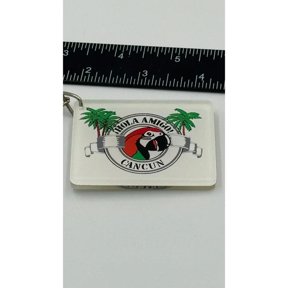 Vintage Hola Amigo Cancun Keychain Macaw Parrot Palm Tropical Souvenir Mexico